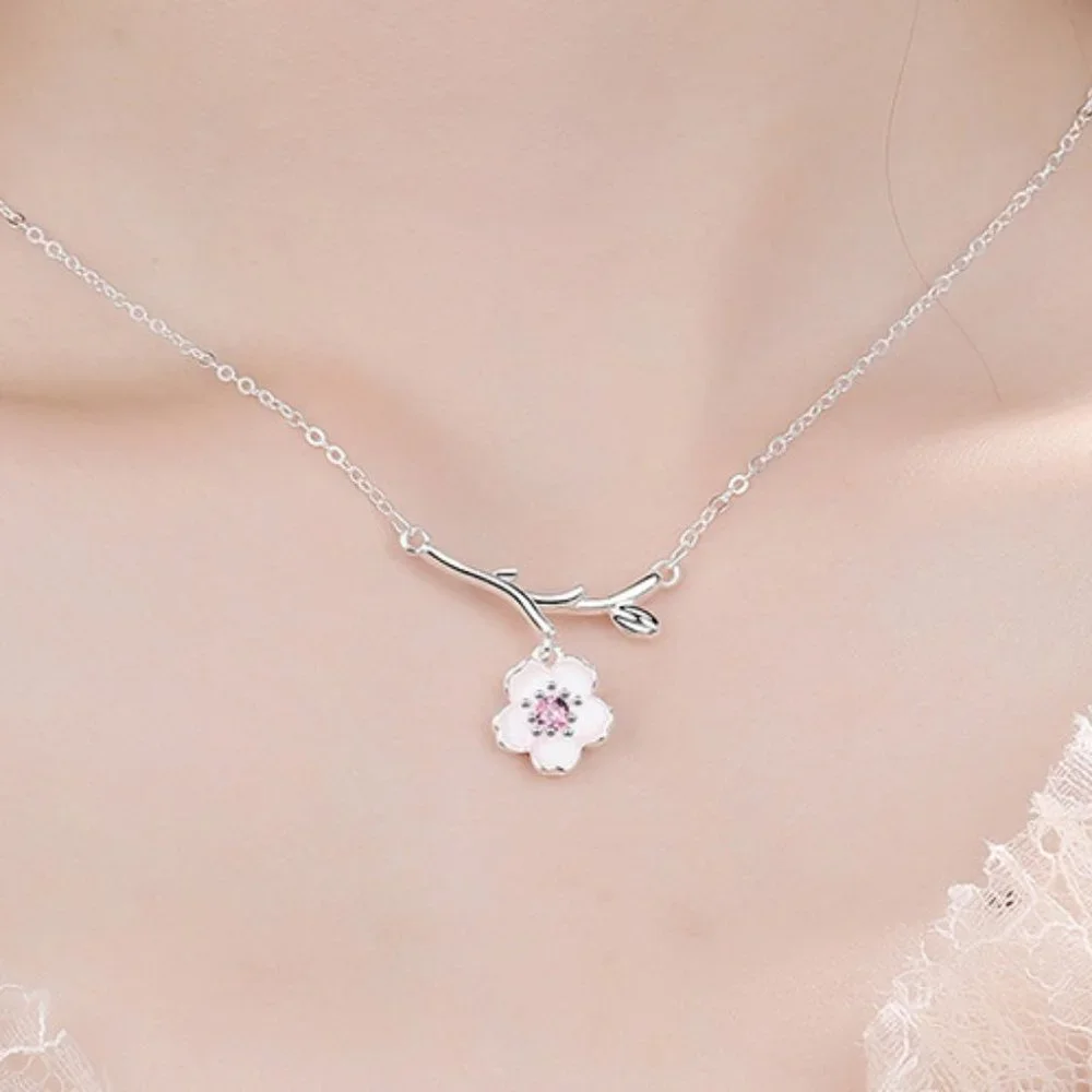 #NEW 925 Sterling Silver Pink White Diamond Cherry Blossom Leaf Branch Necklace